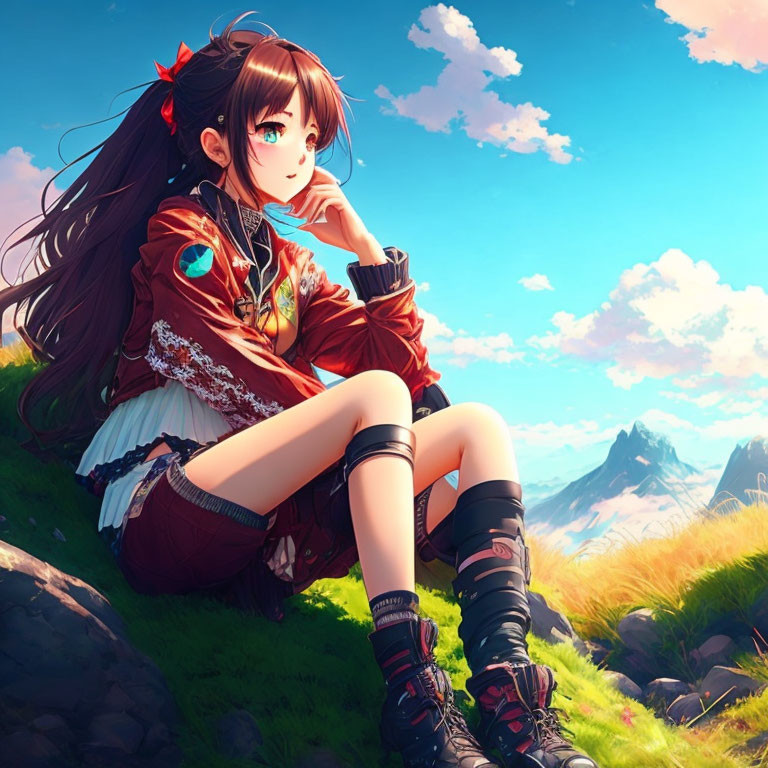 Long-haired animated girl with red ribbon sits on grass against sky and mountains