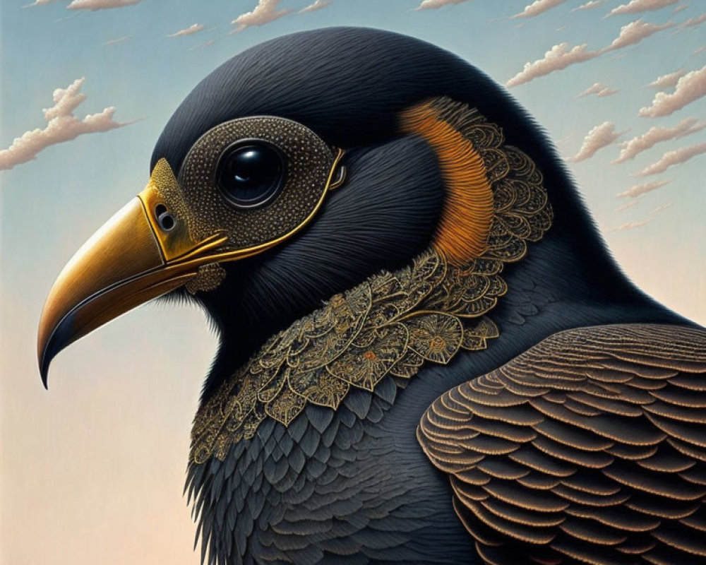 Hyper-realistic painting of black bird with golden feather patterns, beady eye, and golden beak