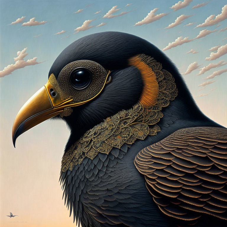 Hyper-realistic painting of black bird with golden feather patterns, beady eye, and golden beak