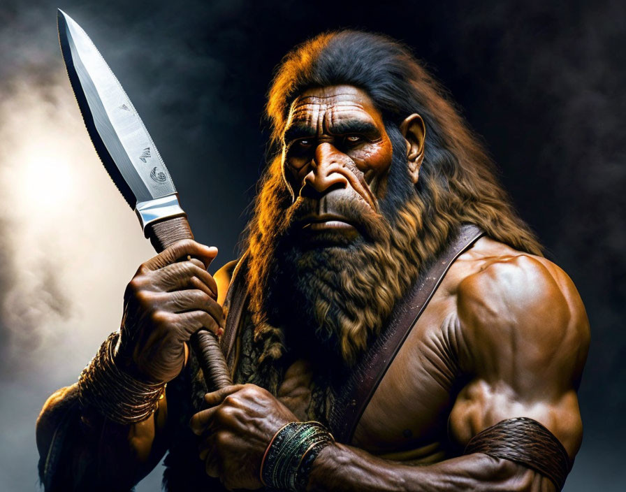 Humanoid with ape-like features holding a large knife on a dark, smokey background