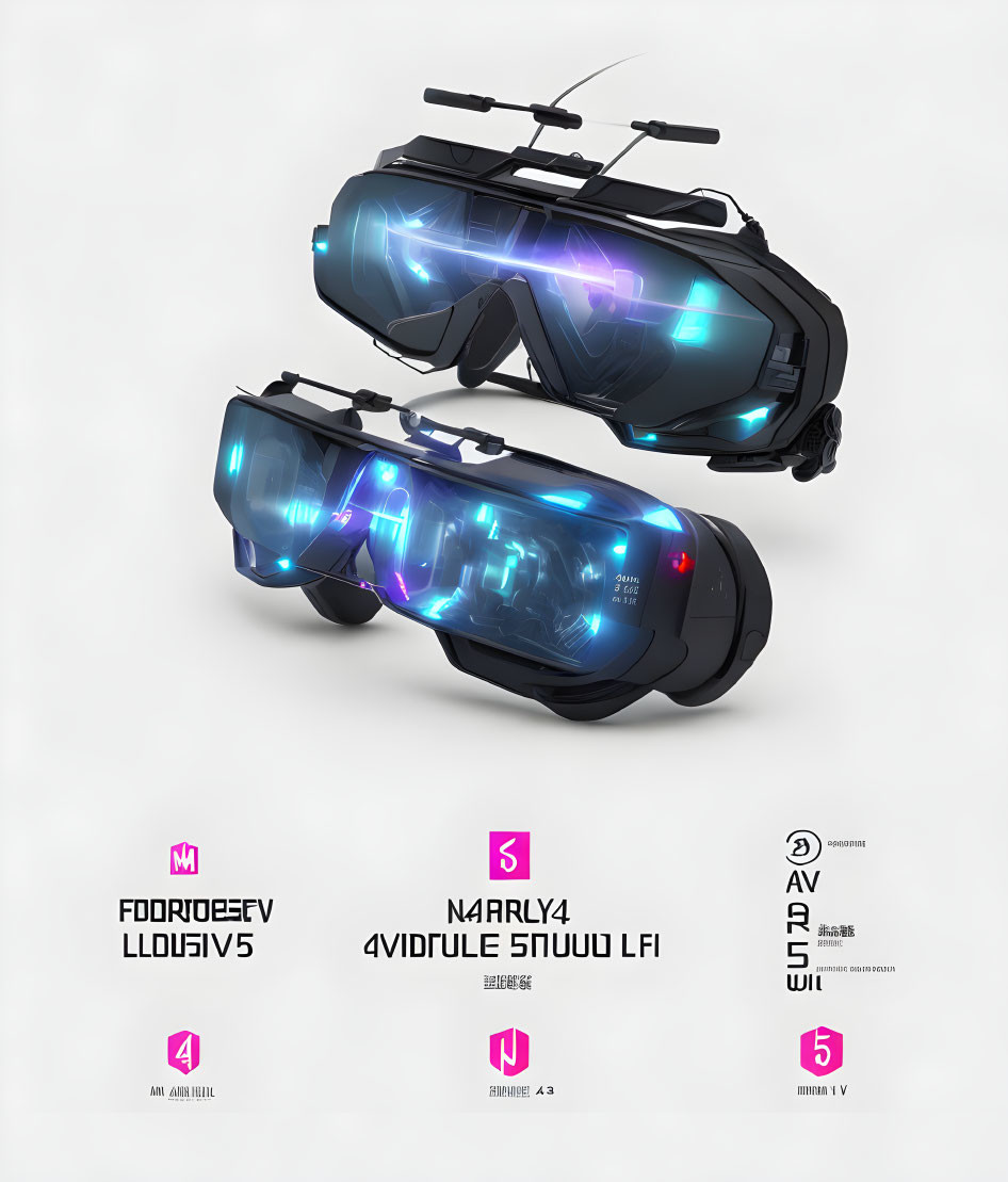 Neon Blue Illuminated Futuristic VR Headsets with Stylized Annotations