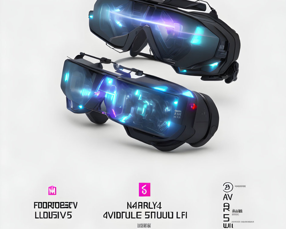 Neon Blue Illuminated Futuristic VR Headsets with Stylized Annotations