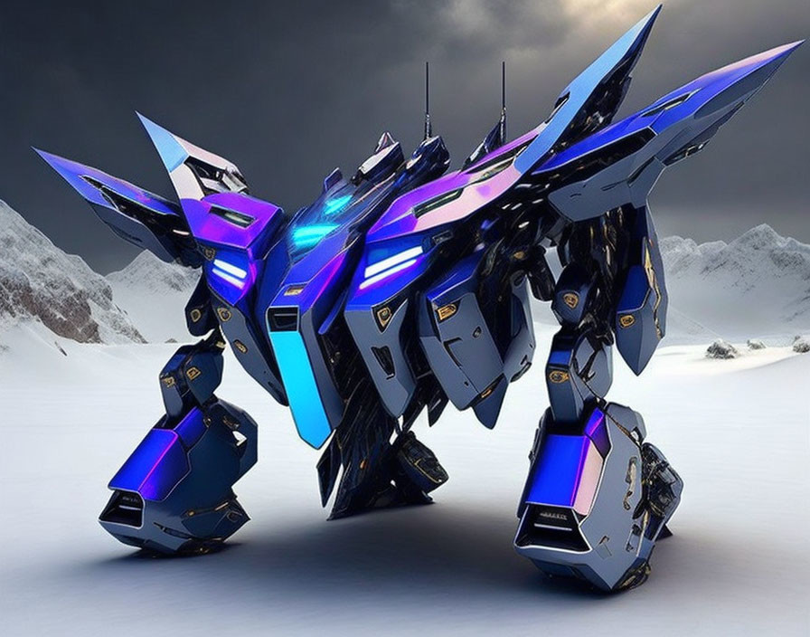 Blue and Black Mecha Robot in Snowy Mountain Landscape