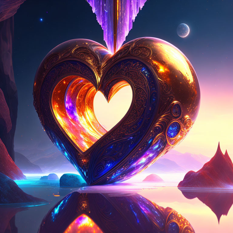 Fantastical digital art: Glowing heart in cosmic landscape