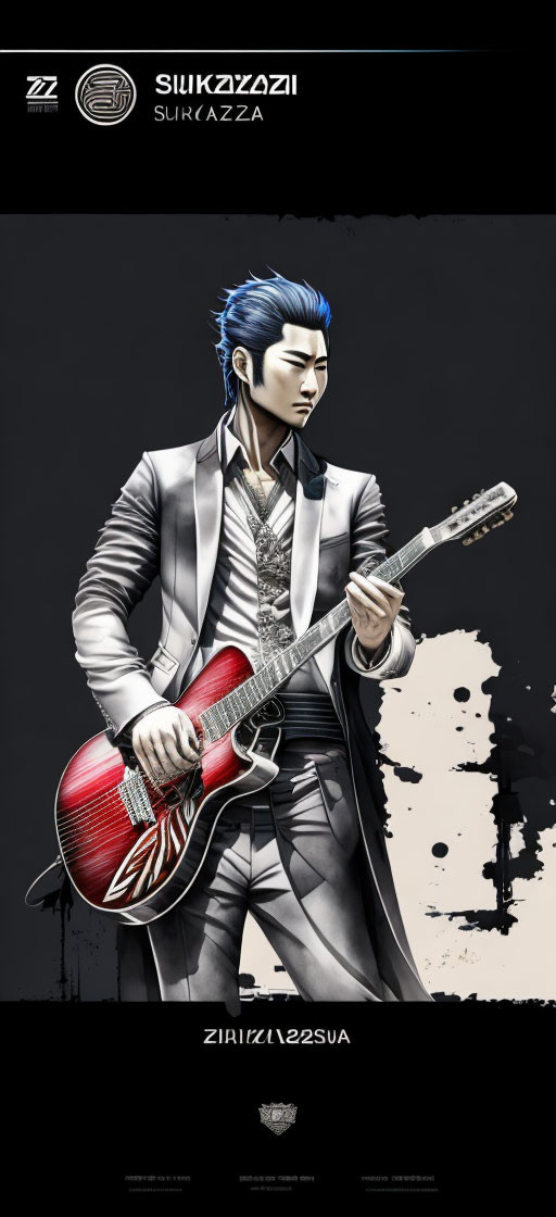 Stylish Man Playing Electric Guitar in Striped Suit