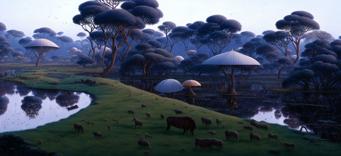 Twilight landscape with mushroom trees, grazing animals, and reflective water