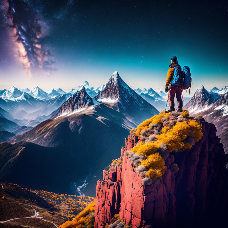 Hiker on Rocky Peak Overlooking Snow-Capped Mountain Range at Dusk