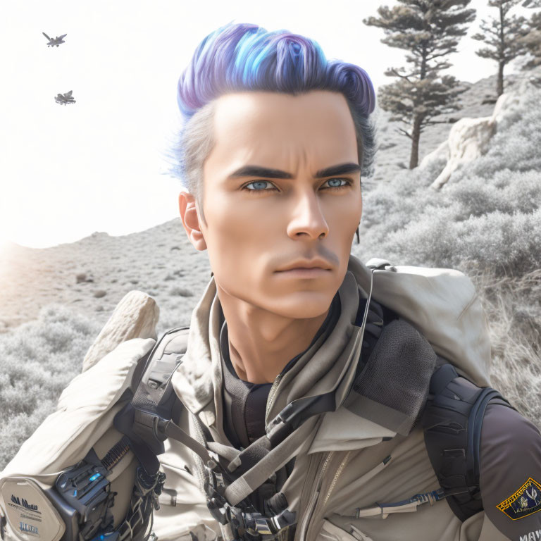 Digital illustration of man with purple hair in desert with drones