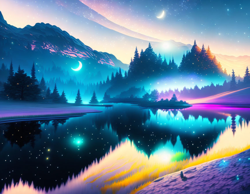 Surreal landscape artwork with purple and orange twilight sky, aurora, stars, reflective river,