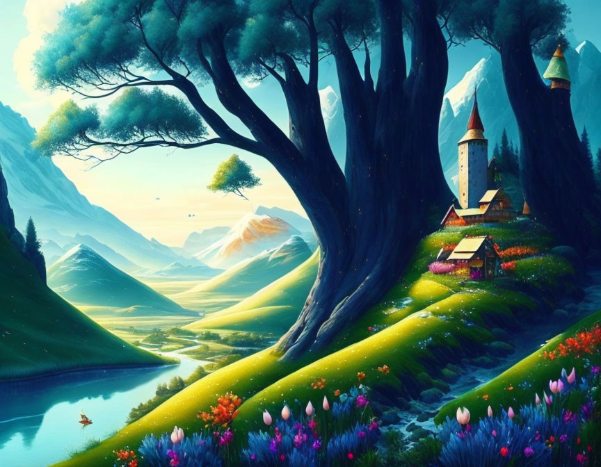 Colorful Fantasy Landscape with Trees, River, Flowers, Cottage, and Mountains