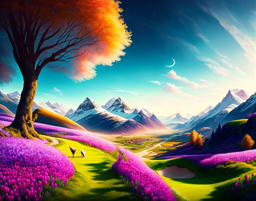 Colorful Fantasy Landscape with Orange Tree, Purple Flowers, Snowy Mountains, Moon, and Clear Sky