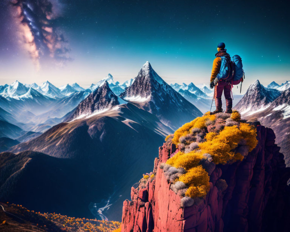 Hiker on Rocky Peak Overlooking Snow-Capped Mountain Range at Dusk