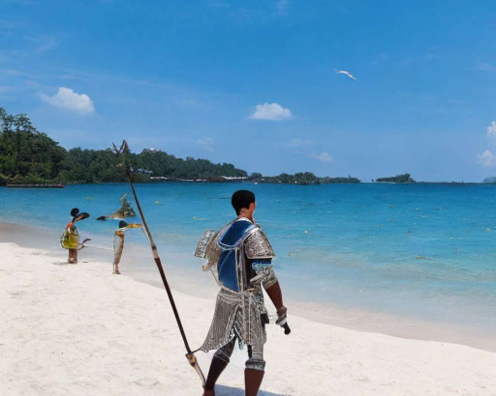 Person in straw hat walks on sunny beach with birds flying overhead