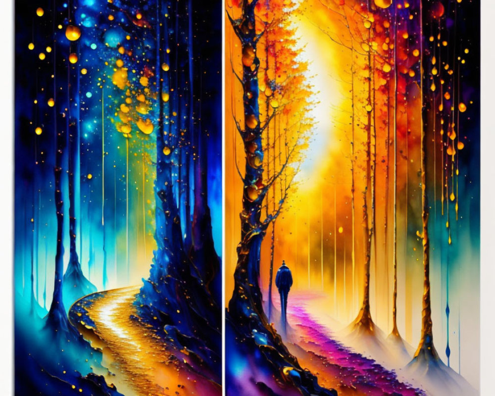 Colorful Abstract Painting of Person in Magical Forest