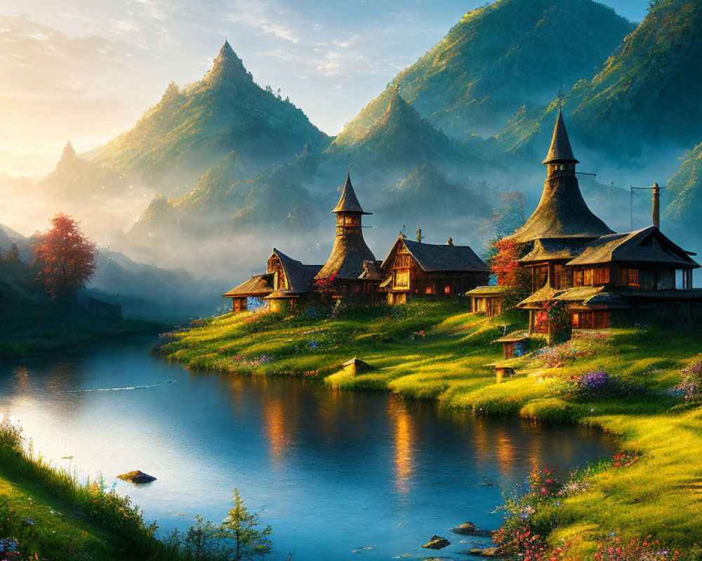 Scenic village with pointed-roof houses near river and misty mountains at sunrise