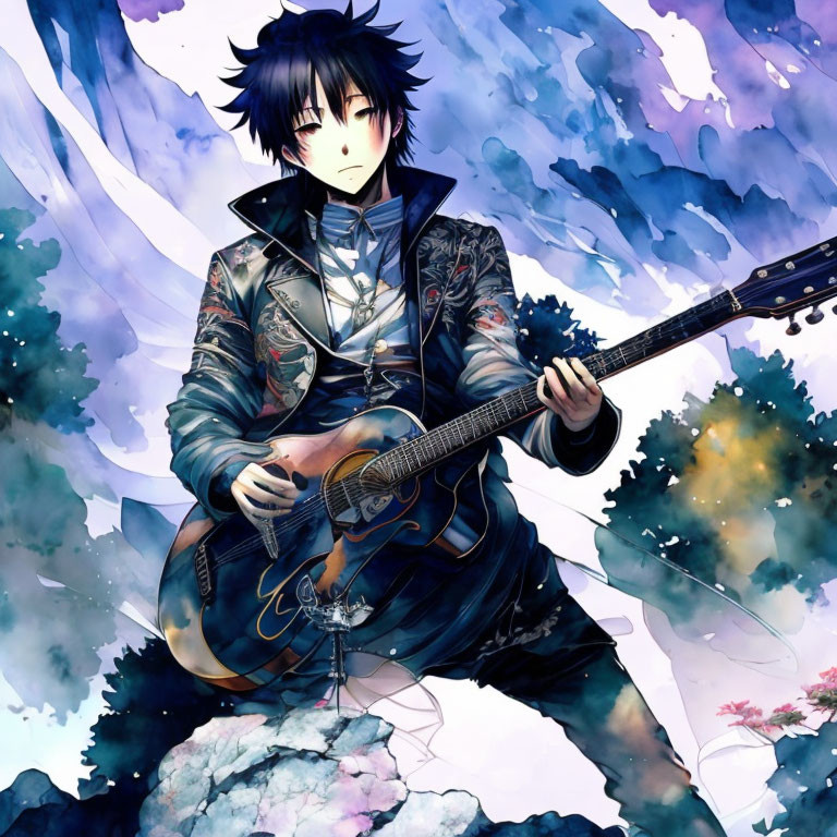 Dark-Haired Animated Character Playing Guitar in Blue and White Setting