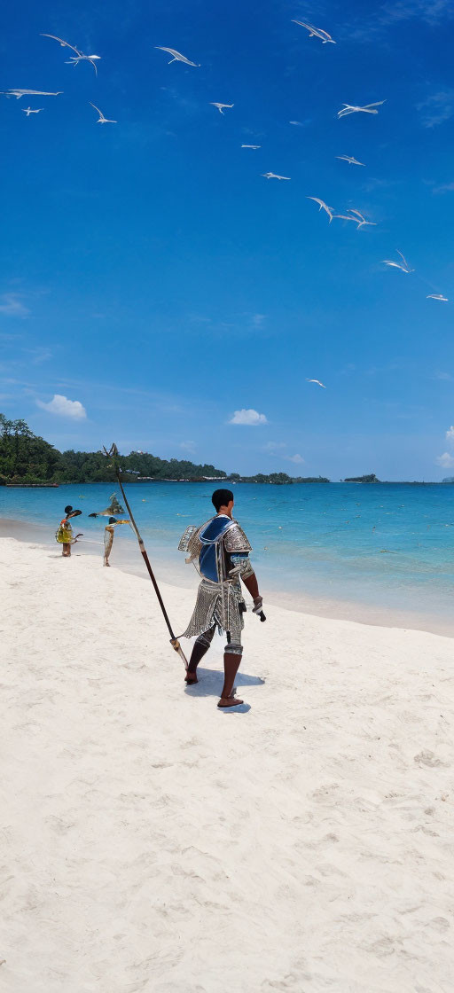 Person in straw hat walks on sunny beach with birds flying overhead