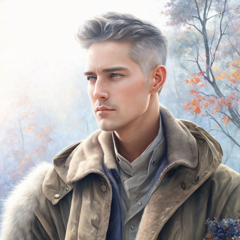 Man with Gray Hair in Beige Jacket, Autumn Trees Background