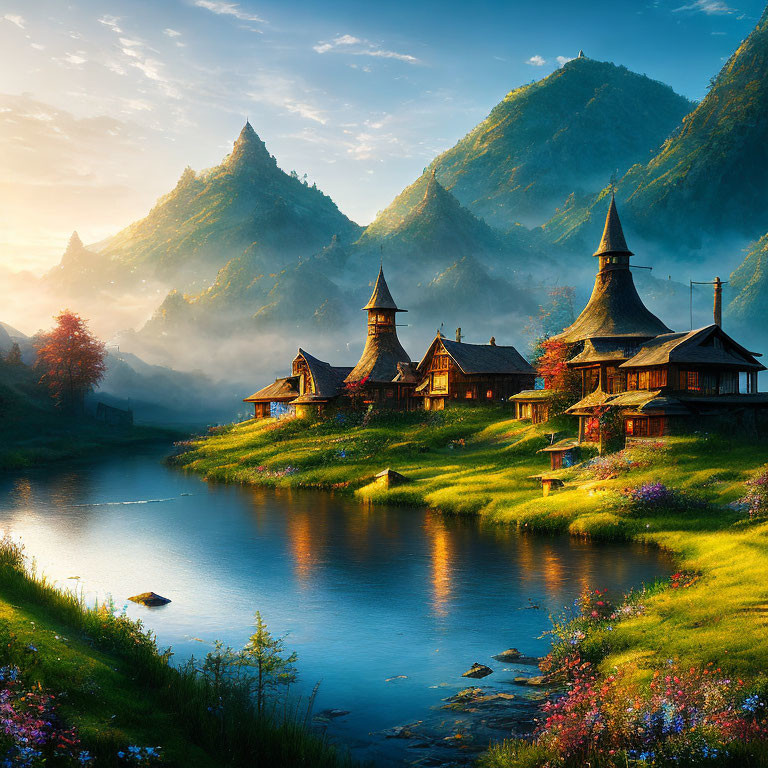 Scenic village with pointed-roof houses near river and misty mountains at sunrise