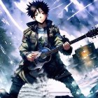 Dark-Haired Animated Character Playing Guitar in Blue and White Setting