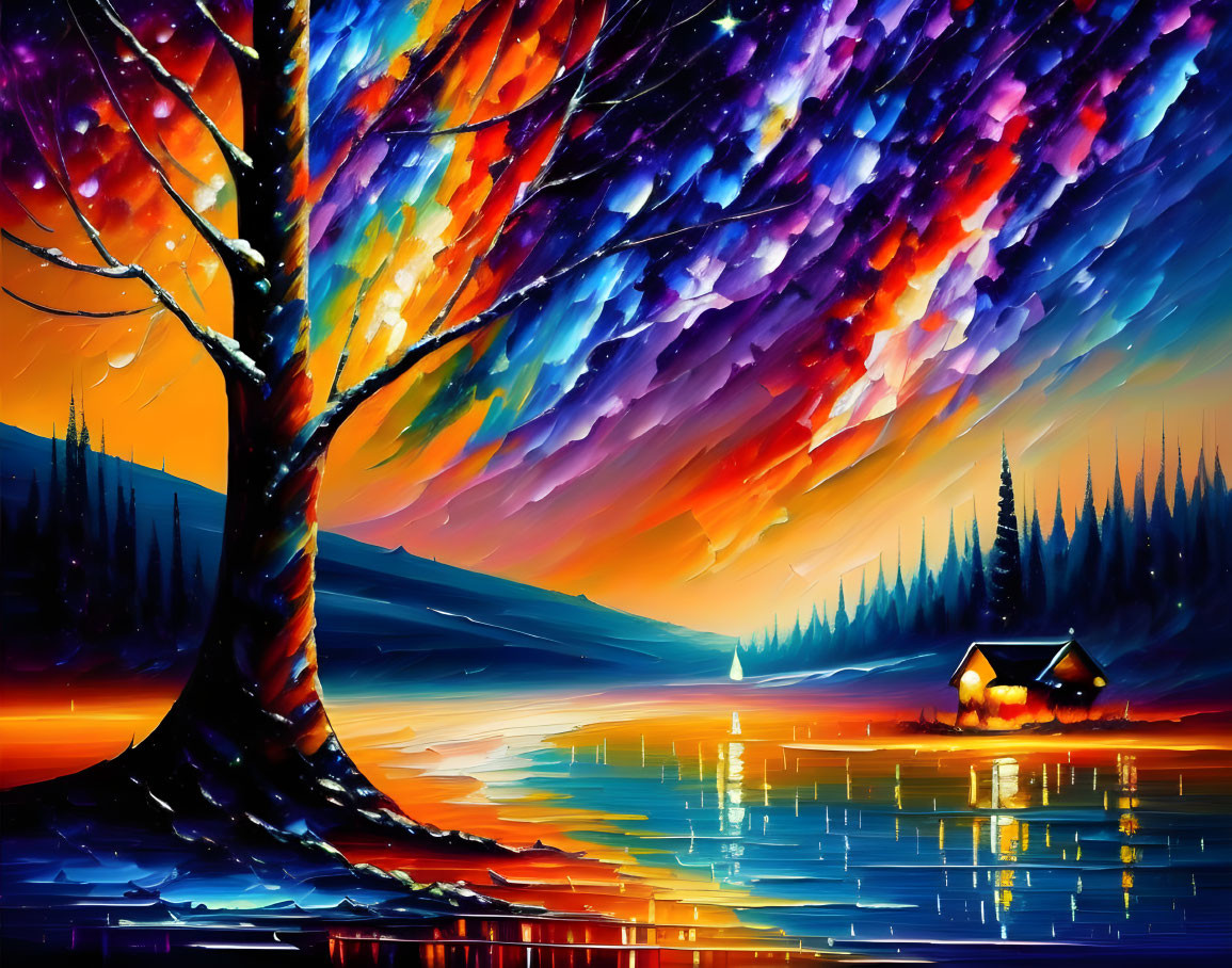 Colorful tree painting by lakeside with starry sky and illuminated cabin