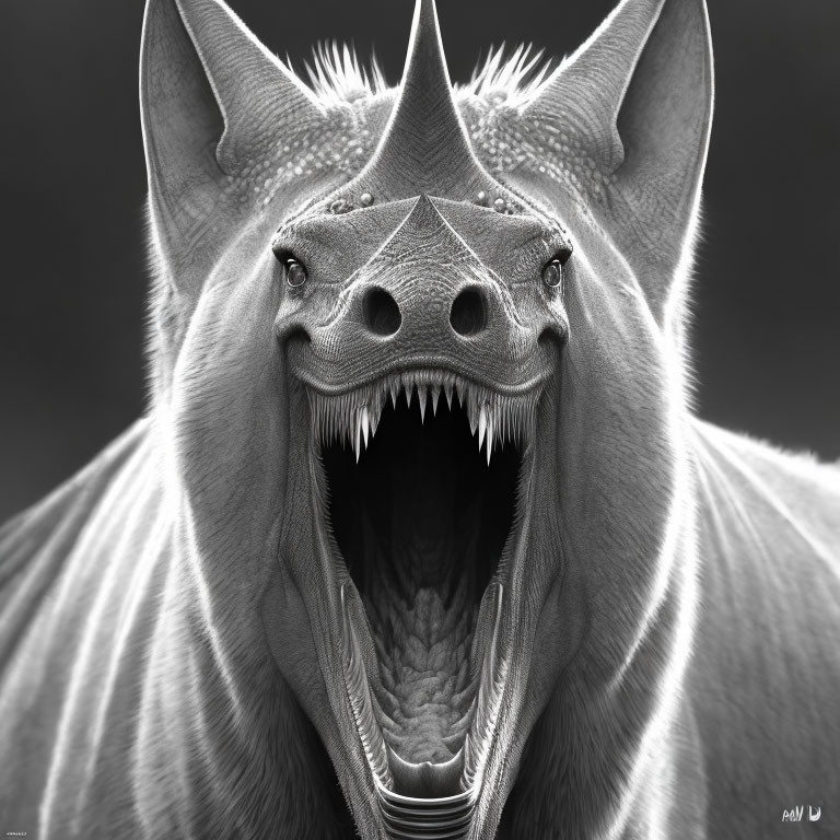 Fantastical reptilian creature with dragon-like traits in monochrome digital art