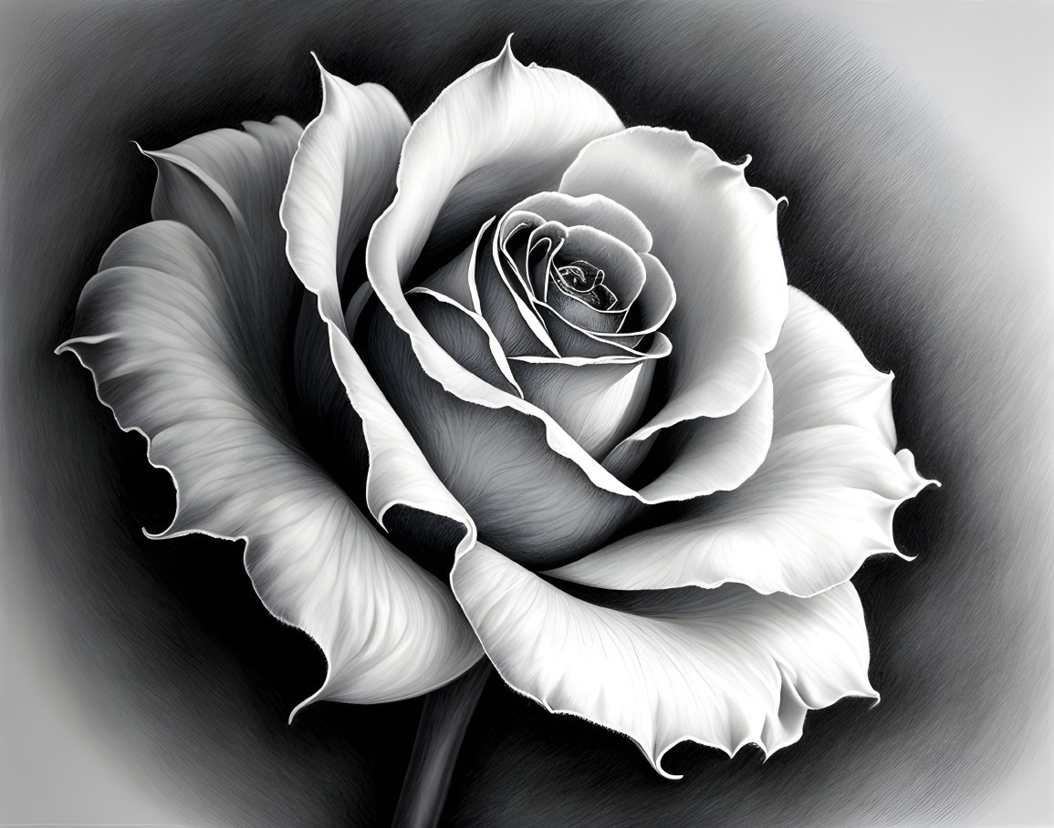 Detailed monochrome rose illustration with realistic shading and 3D effect on grayscale backdrop