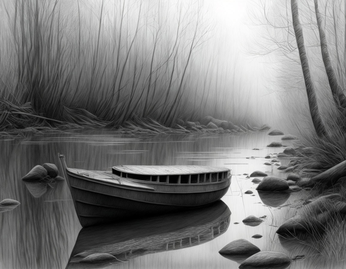 Tranquil black and white river scene with wooden boat and misty trees