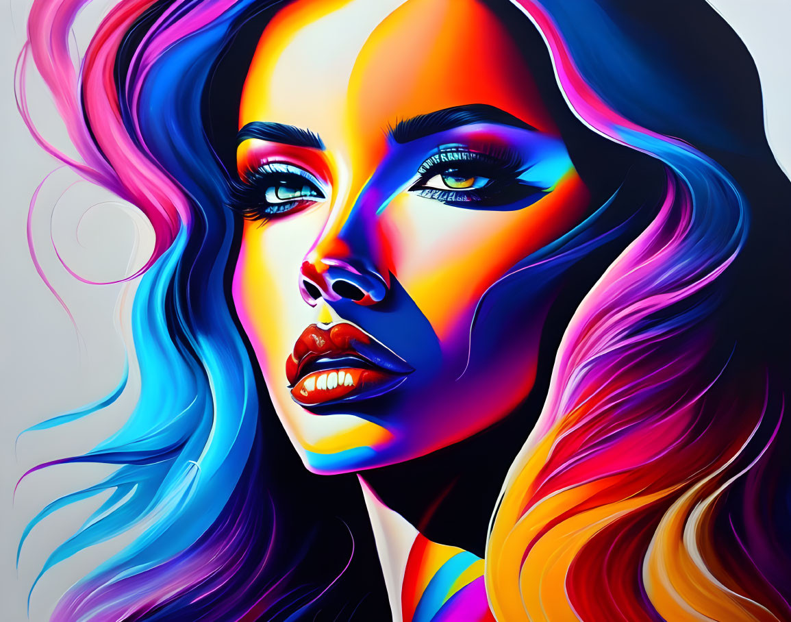 Colorful portrait of woman with flowing blue and purple hair and abstract patterns