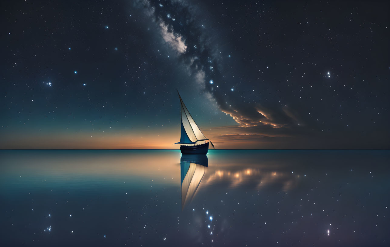 Sailboat on calm sea under starry sky with sunset glow