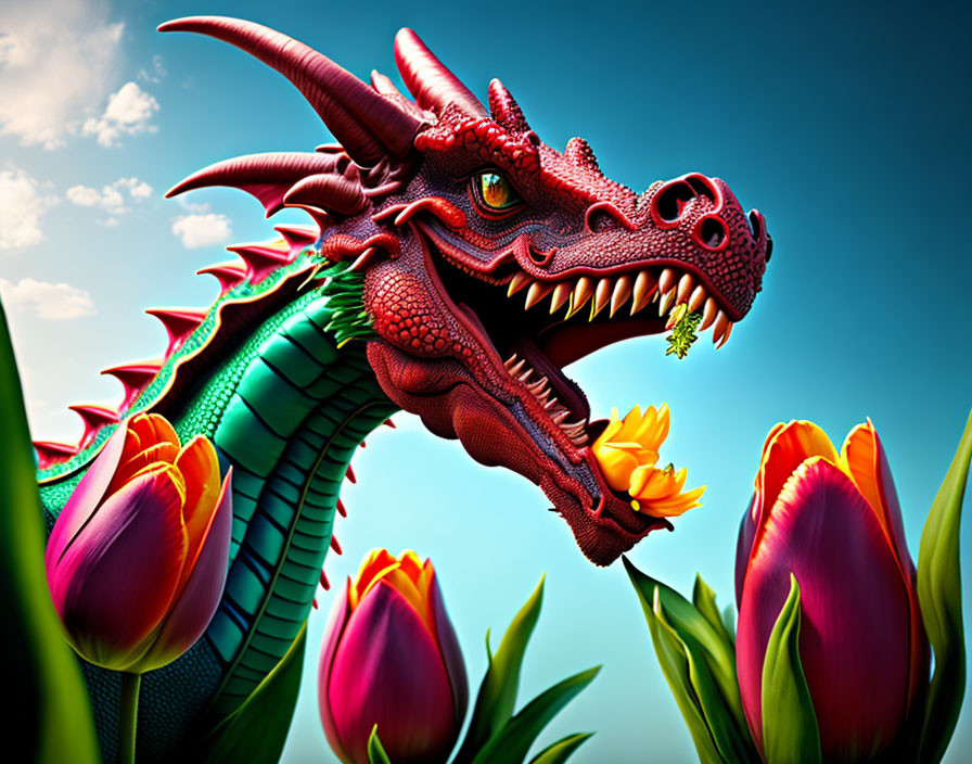 Colorful Red Dragon Among Green Scales and Tulips