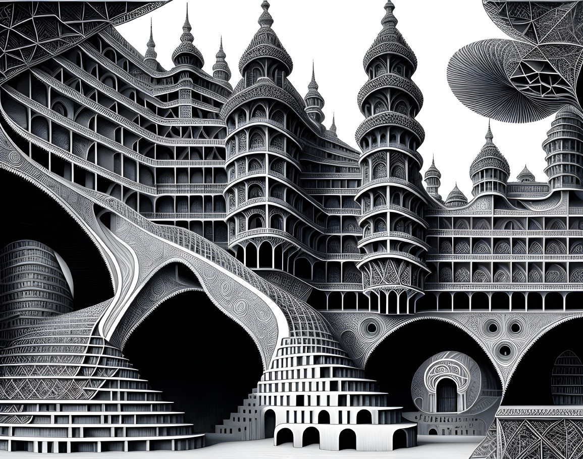 Detailed surreal architectural landscape illustration in black and white.