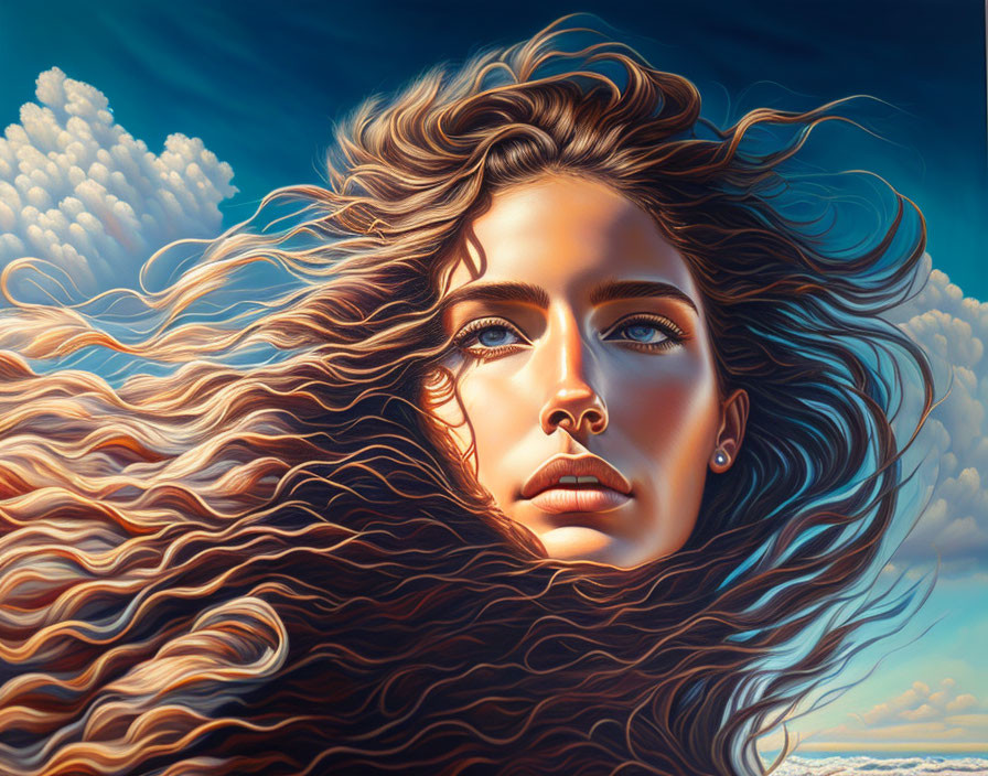 Woman with flowing hair and contemplative expression against cloudy sky.