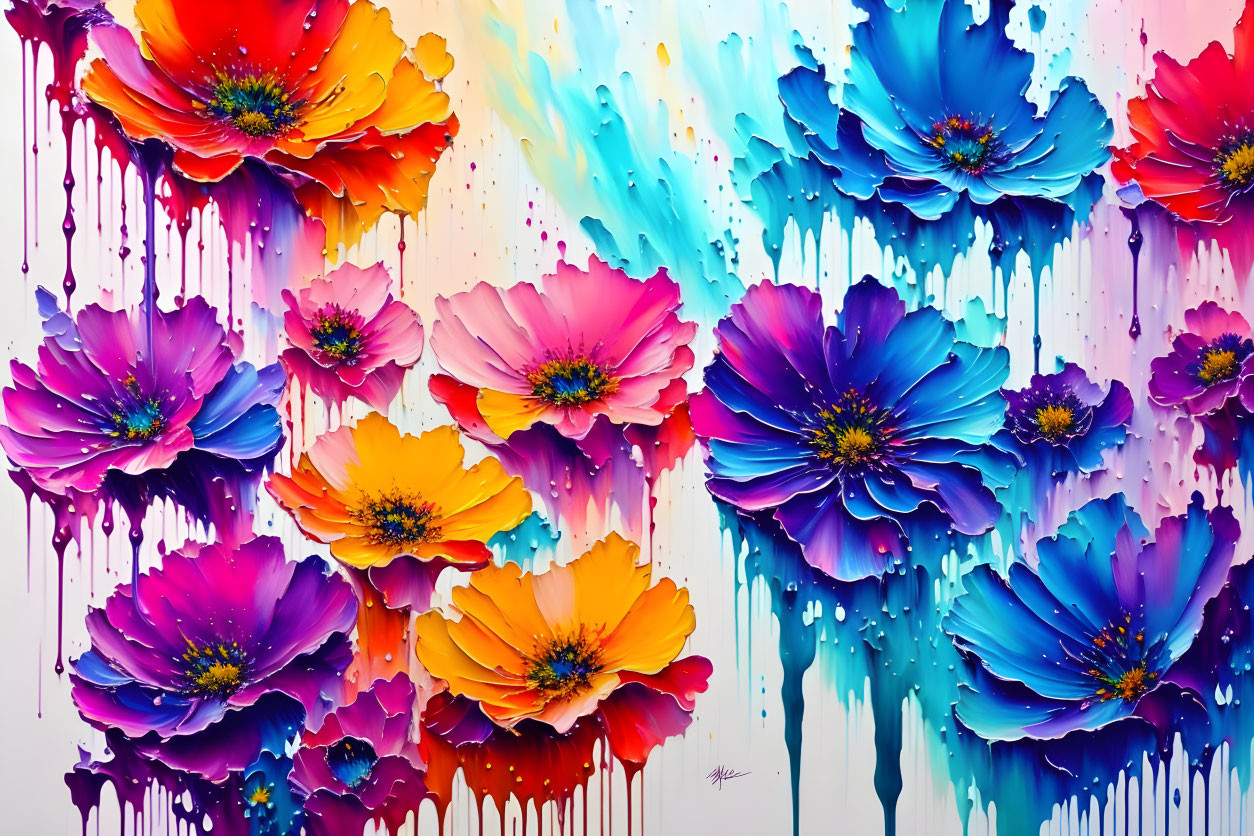 Colorful Abstract Flowers with Dripping Paint on White Background
