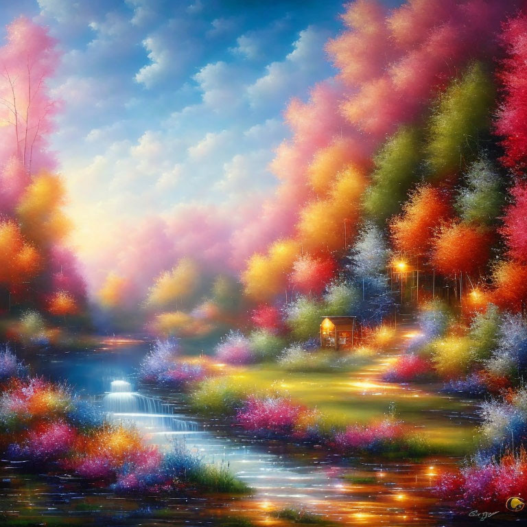 Colorful forest painting with stream, cabin, and ethereal light