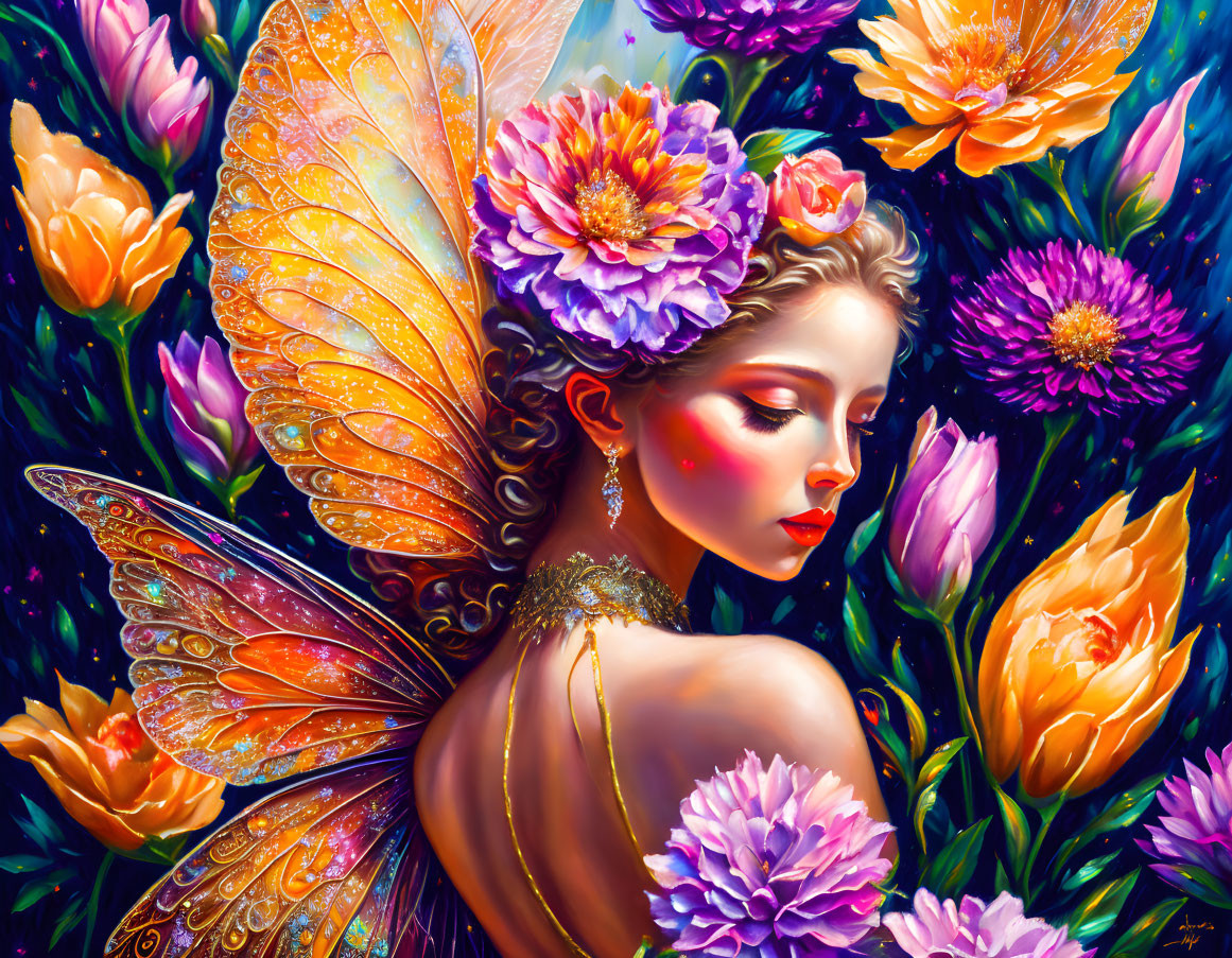 Colorful fairy with ornate wings in a floral setting