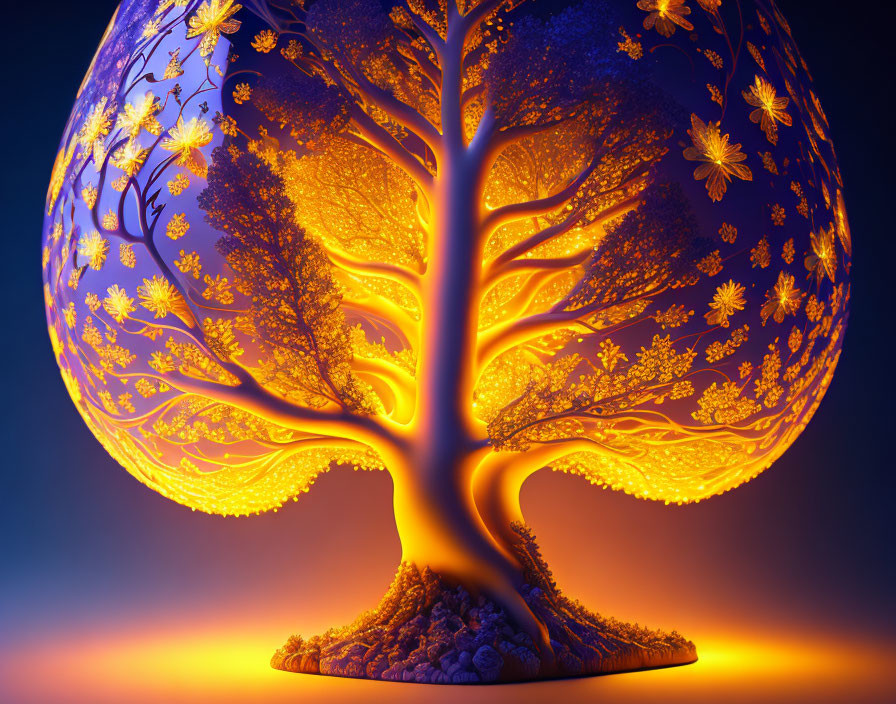 Golden Tree Inside Translucent Sphere on Blue Gradient Background