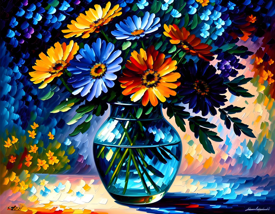 Vibrant impressionistic painting of colorful flowers in transparent vase