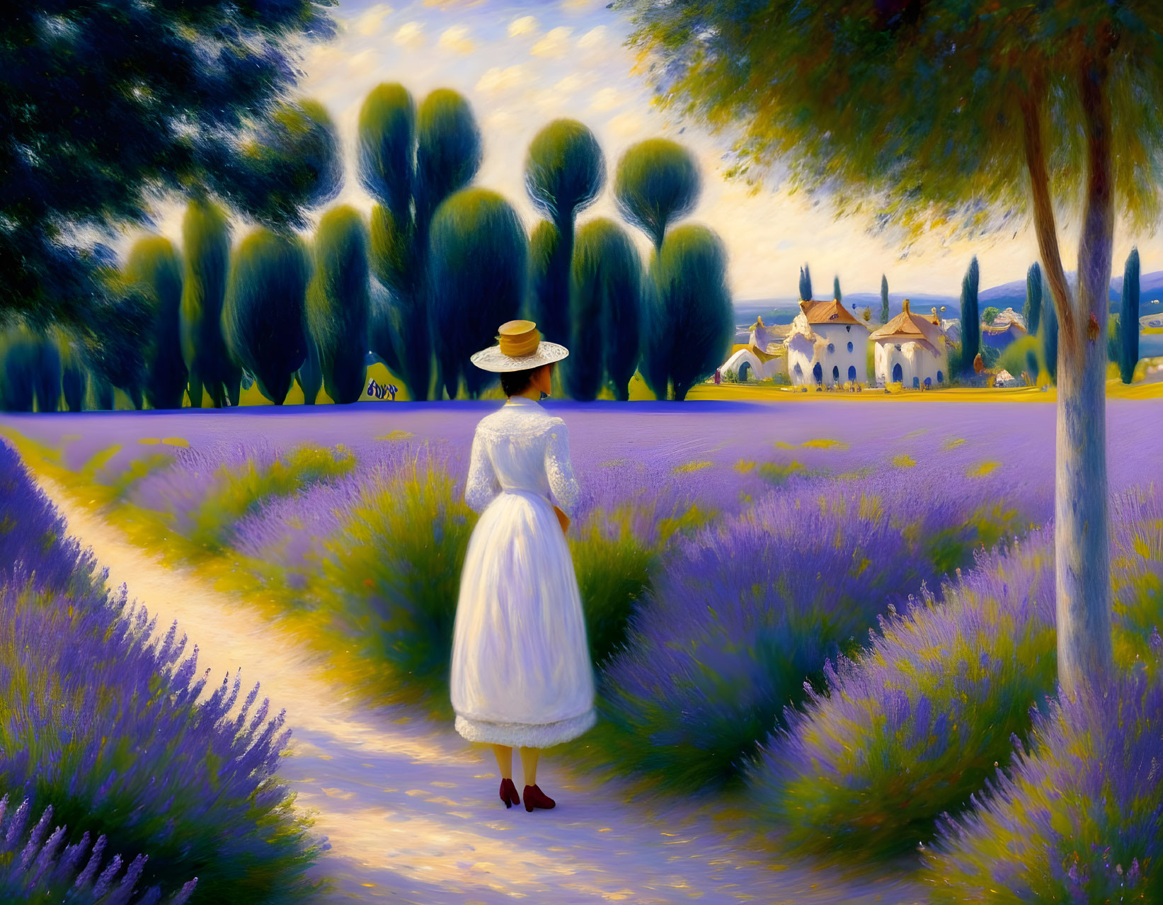 Woman in white dress and straw hat walking in vibrant lavender field.