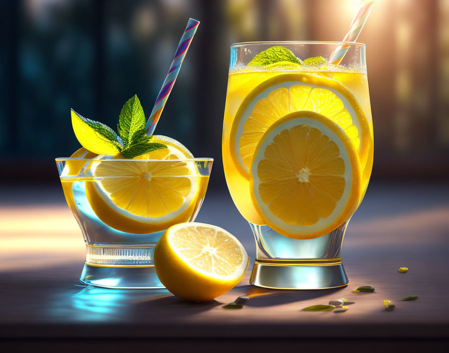 Glass of lemonade and bowl of lemon slices with mint leaves on wooden surface.