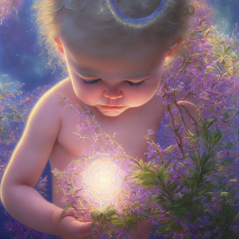 Toddler with glowing halo surrounded by purple flowers and holding a magical light orb