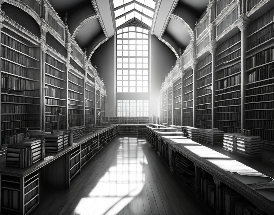 Large library with tall bookshelves, arched windows, wooden floors, and orderly tables.