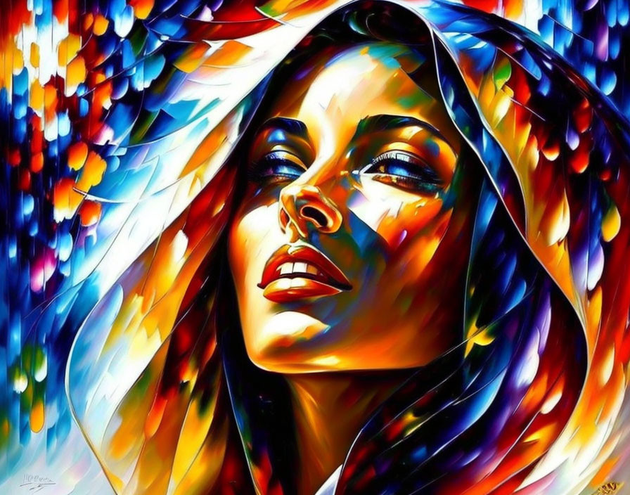 Vibrant abstract portrait of a woman with flowing hair in colorful geometric shapes.