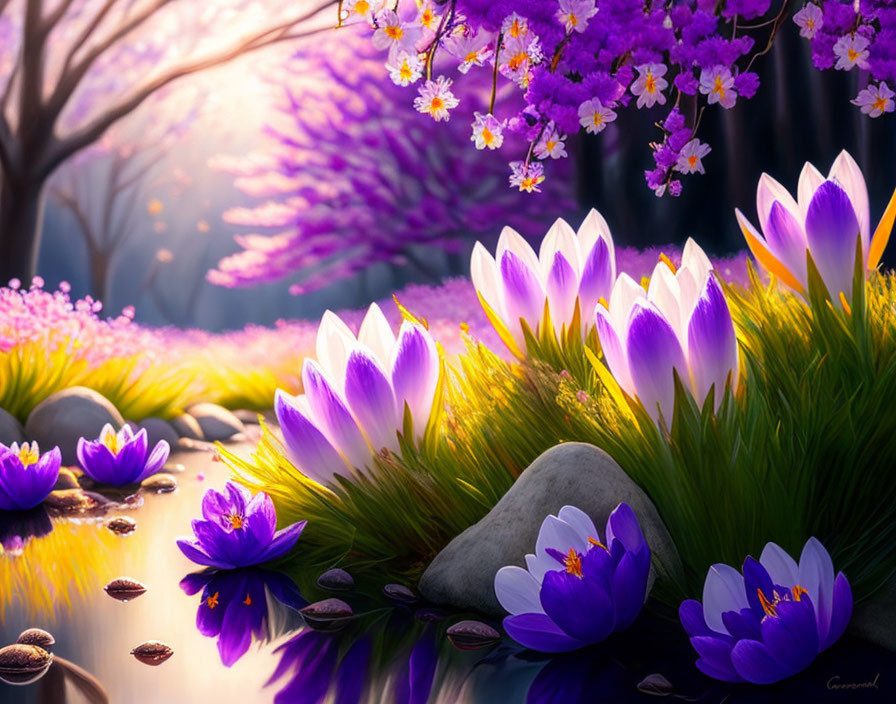 Digital art scene: Purple crocus flowers, cherry blossoms, and vibrant tree near reflective water.