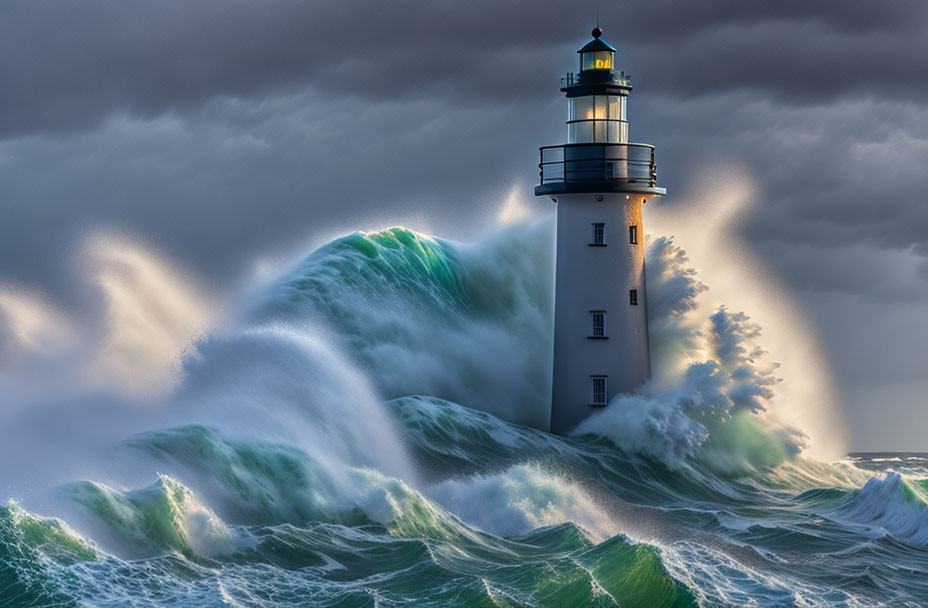 Resilient lighthouse against towering waves and stormy skies