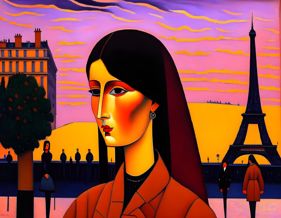 Stylized painting of woman with Eiffel Tower & sunset.