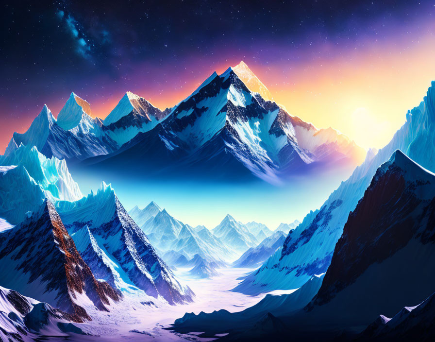 Majestic mountain range under starry sky with radiant sunrise