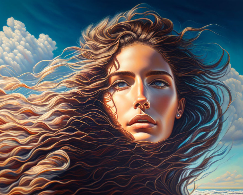 Woman with flowing hair and contemplative expression against cloudy sky.