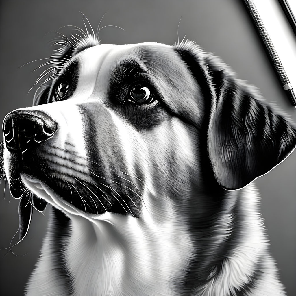 Detailed Black and White Digital Drawing of a Dog with Reflective Eyes and Glossy Coat