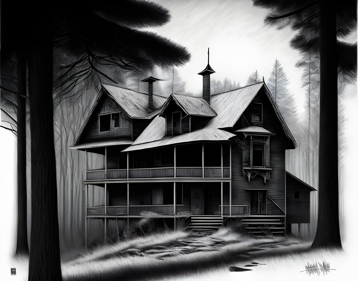 Monochrome Victorian-style house illustration in forest setting